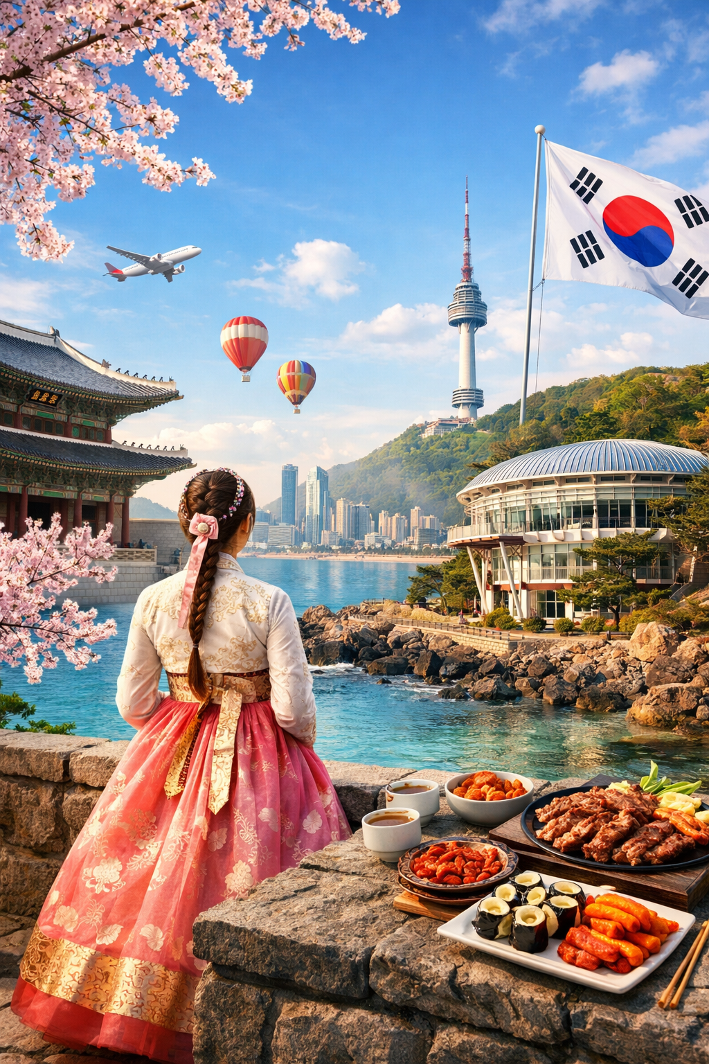 Beautiful Korea - Traditional hanbok, cherry blossoms, and Korean landmarks